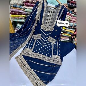 Gorgeous Navy Blue zari Embroidery with  stone work 3pc sharara Dress stitched
